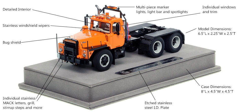 Features and specs of the Mack DM 800 in orange over black